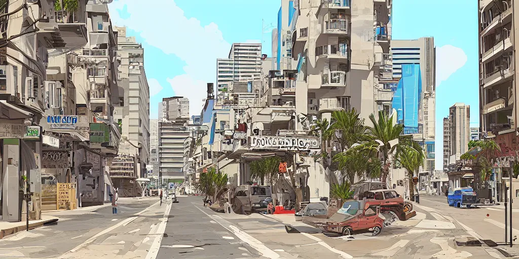 Image similar to tel aviv street from low level. optimistic. digital art. vector watercolor. highly detailed. drawing. art. gta v