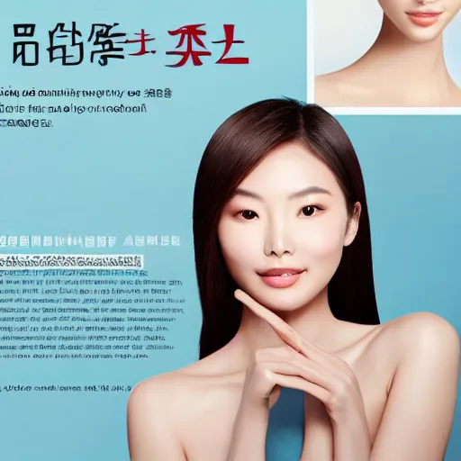 Prompt: an advertisement for a skin care product with a beautiful chinese model with a thin face, soft light