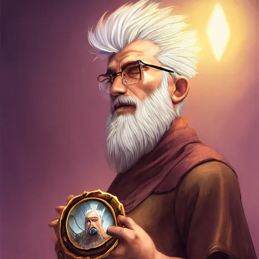 Image similar to a man with white hair and beard, wearing nomadic clothing holding a soul jar portrait, backlight, rim lighting, deep focus, d & d, fantasy, intricate, elegant, highly detailed, digital painting, artstation, concept art, matte, centered, sharp focus, illustration, hearthstone, art by artgerm, greg rutkowski and alphonse mucha