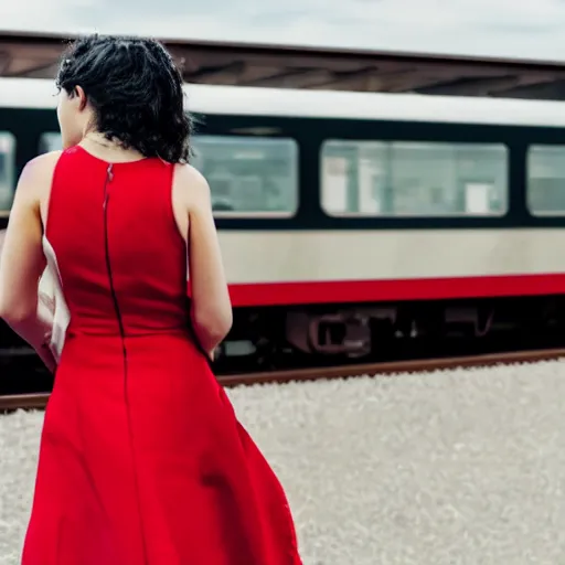 Image similar to girl in red dress standing on the train platform crying