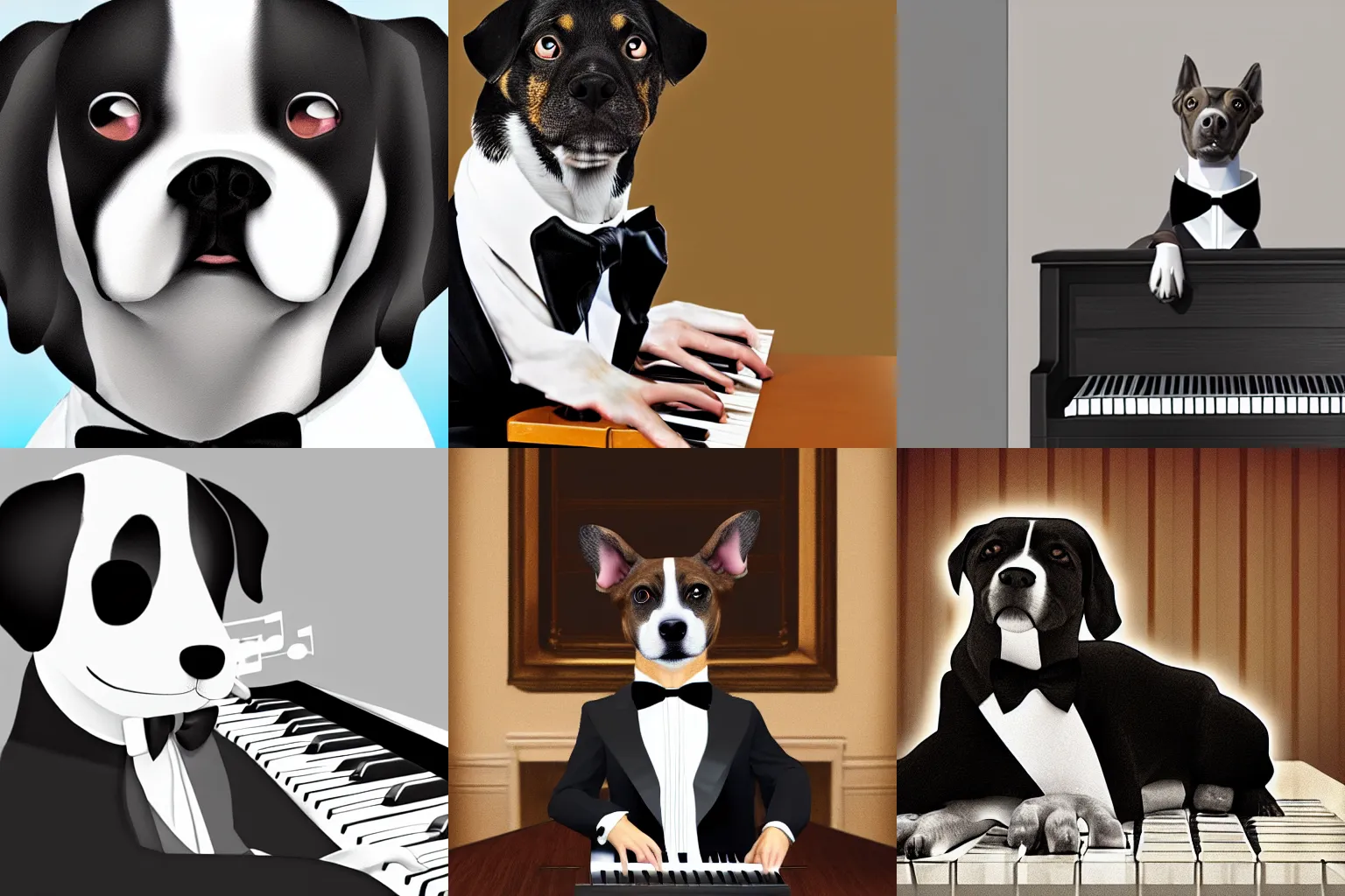 Prompt: dog playing the piano wearing a tuxedo, photorealistic digital art