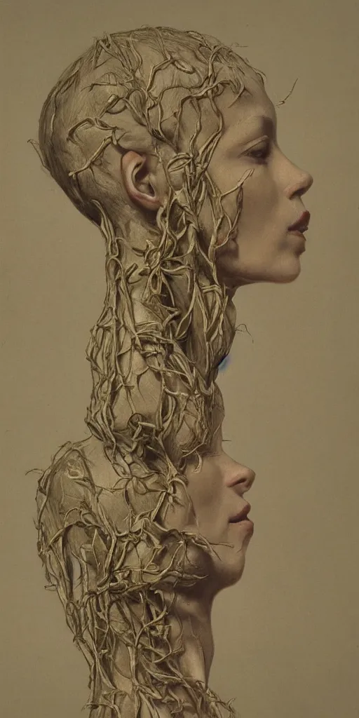 Prompt: the figure of a woman with many heads growing from the stem of a flowering plant, highly detailed, hyperrealism