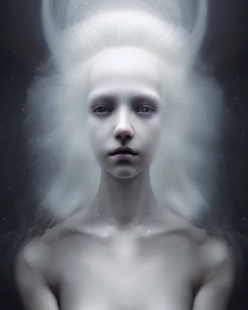 Image similar to delicate, dreamy, feminine, subsurface scattering, white, young beautiful robot - cyborg in cosmos long white hair floating in air, fluid smoke art, black and white, octane render, dino valls, mark ryden, joe fenton, michal karcz, highly detailed, rim light, art, cinematic lighting, very coherent, hyper realism, 8 k