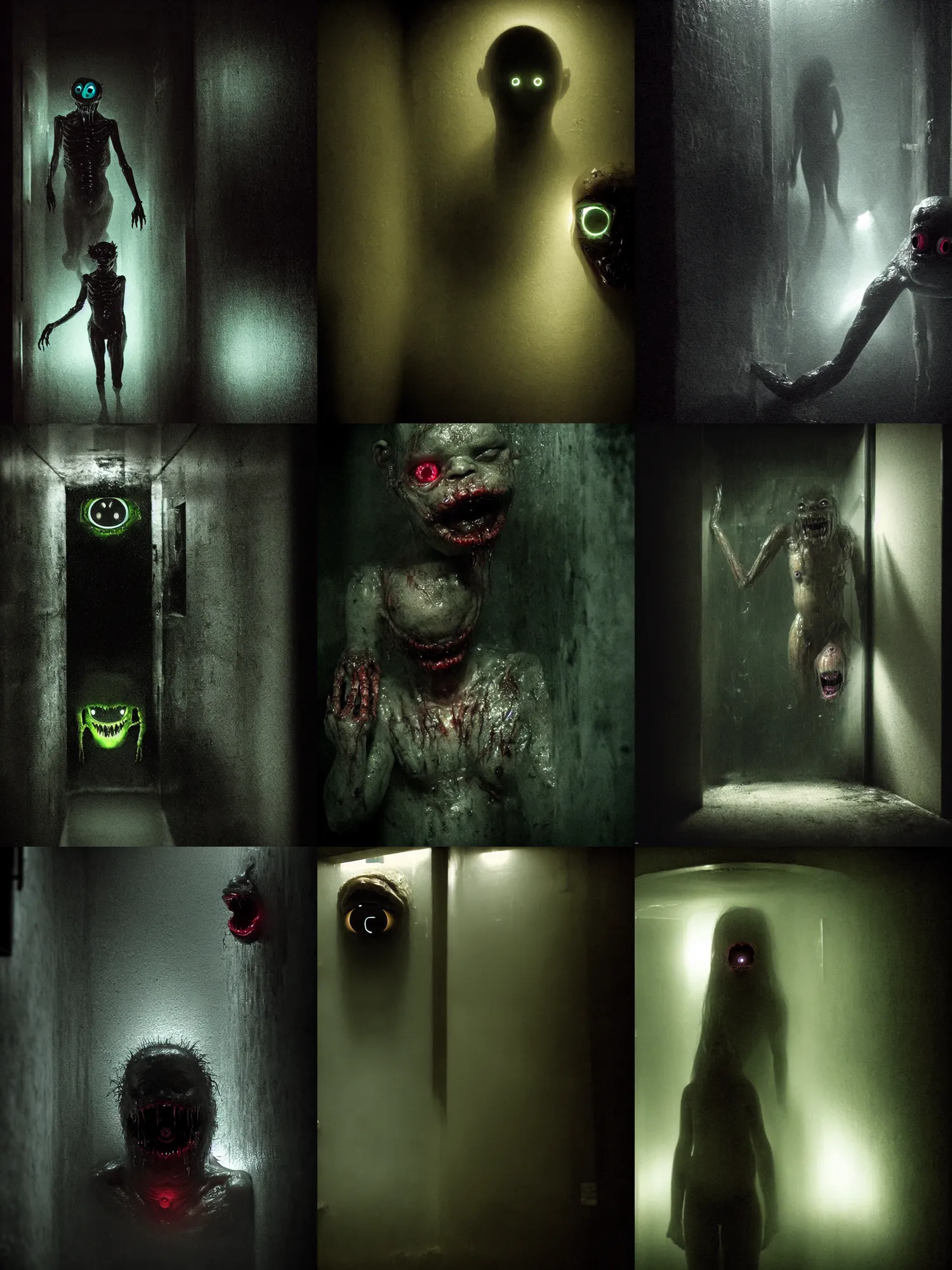 Prompt: in the dark elevator, one wet skin creature with glowing eyes, crawling humanoid monsters, smile face, octane rendering, cinematic light. medium shot, 2 4 mm, david fincher, james wan, gritty, moody, eerie, dark artslabcoats, sci - fi equipment, saliva, membrane pregnancy sac, respiratory flap, super realism, claws