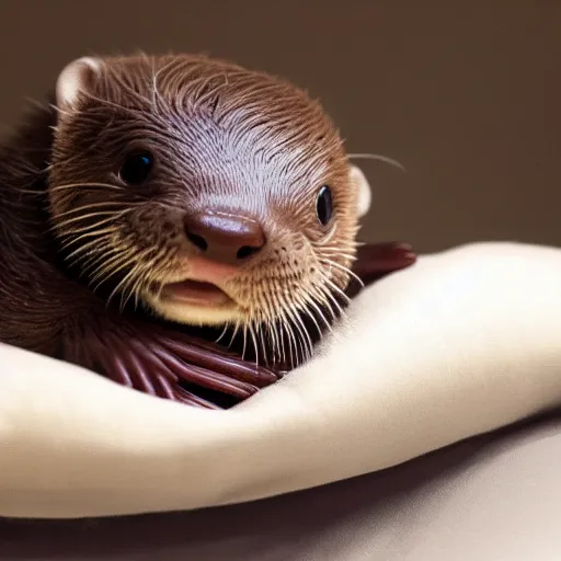 Prompt: an unbelievably cute baby otter laying in bed with a night cap on, high quality photography, 4k