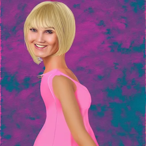 Image similar to digital art portrait of a happy woman with bangs and blonde hair wearing a pink dress