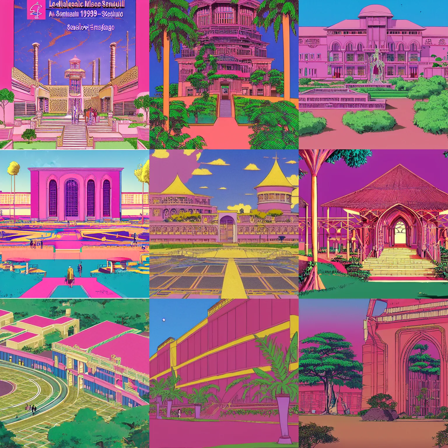 Prompt: senegalese college university campus in the year 1 9 9 0, beautiful landscape, concept art illustration, by studio ghibli and dwayne mcduffie and denys cowan, hot pink and gold color scheme, 3 2 k, hd, intricate details, epic composition, perfect rules of thirds