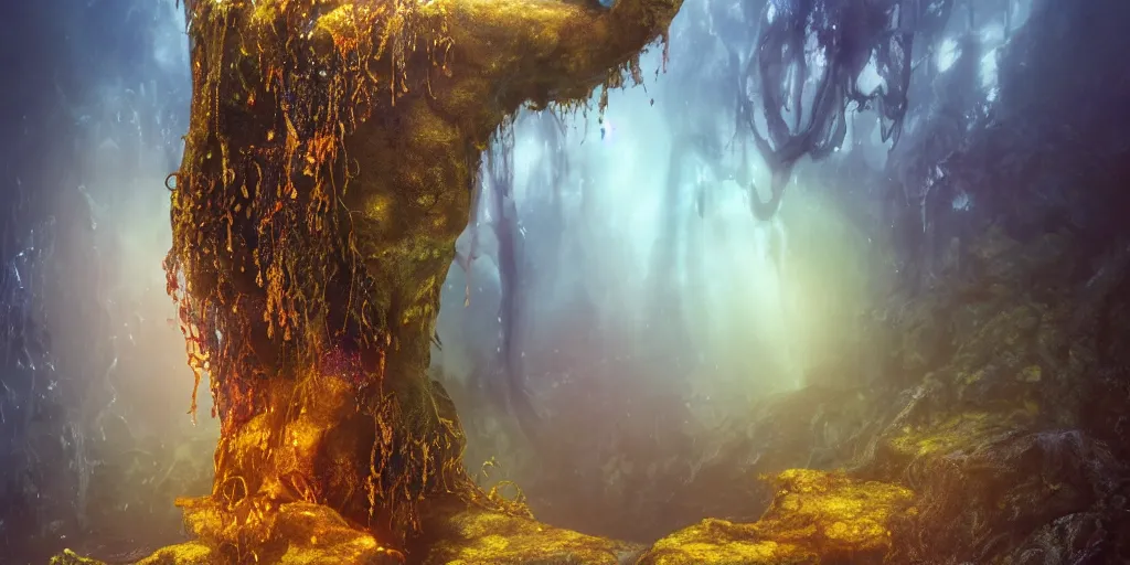 Image similar to Photorealistic symmetrical picture of a levitating goddess, a floating glossy wet fungus god with arms outstretched made from colorful wet fungus tendrils. a gentle rising mist, an epic rocky landscape. occult photorealism, UHD, amazing depth, glowing, golden ratio, 3D octane cycle unreal engine 5, volumetric lighting, cinematic lighting, cgstation artstation concept art