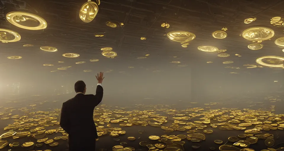 Image similar to Dramatic photo of a CEO waving to a large group of his coworkers in a futuristic office. Golden coins are levitating all around them. 8k, high detail, trending on Artstation, volumetric lighting, cyberpunk