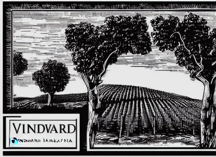 Prompt: wine label template, vector graphic, linocut vineyard landscape by greg rutkowski, fine details, highly detailed