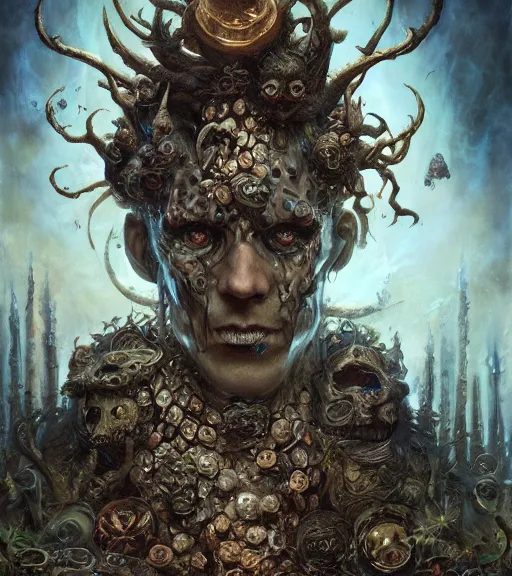 Image similar to portrait of the king of the underworld, surrounded by skulls and overgrowth by karol bak, Tomasz Alen Kopera, James Jean, tom bagshaw, rococo, trending on artstation, cinematic lighting, hyper realism, octane render, 8k, hyper detailed.