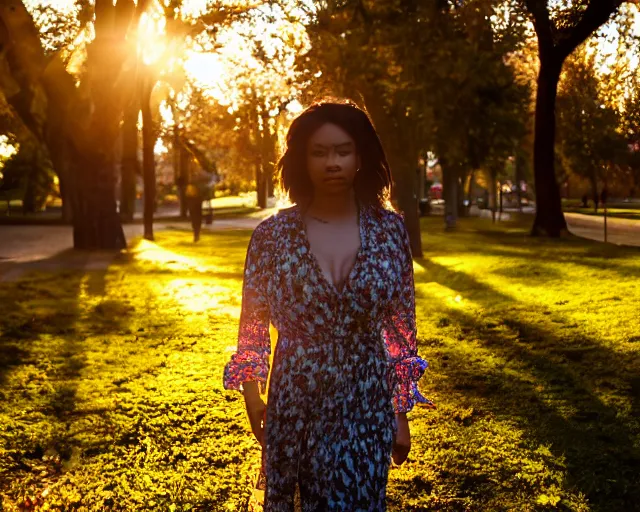 Prompt: a beautiful transgender woman walking through the park at golden hour, 7 0 mm zoom lens, atmospheric lighting