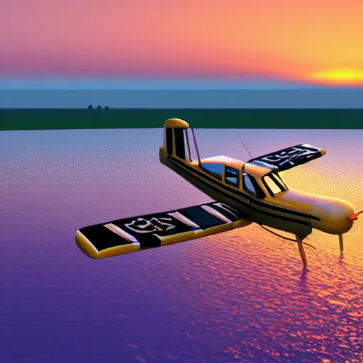 Image similar to a small engine biplane taking off over a lagoon in Thailand, sunset, synthwave, highly detailed, Ultra HD, unreal engine,