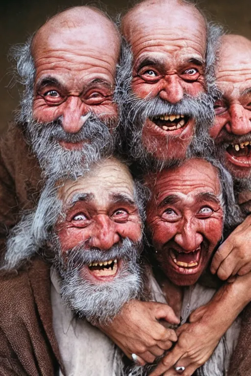 Prompt: a old laughing happy old man with 3 heads and 6 eyes, female long hair, long beard, female body, by steve mccurry