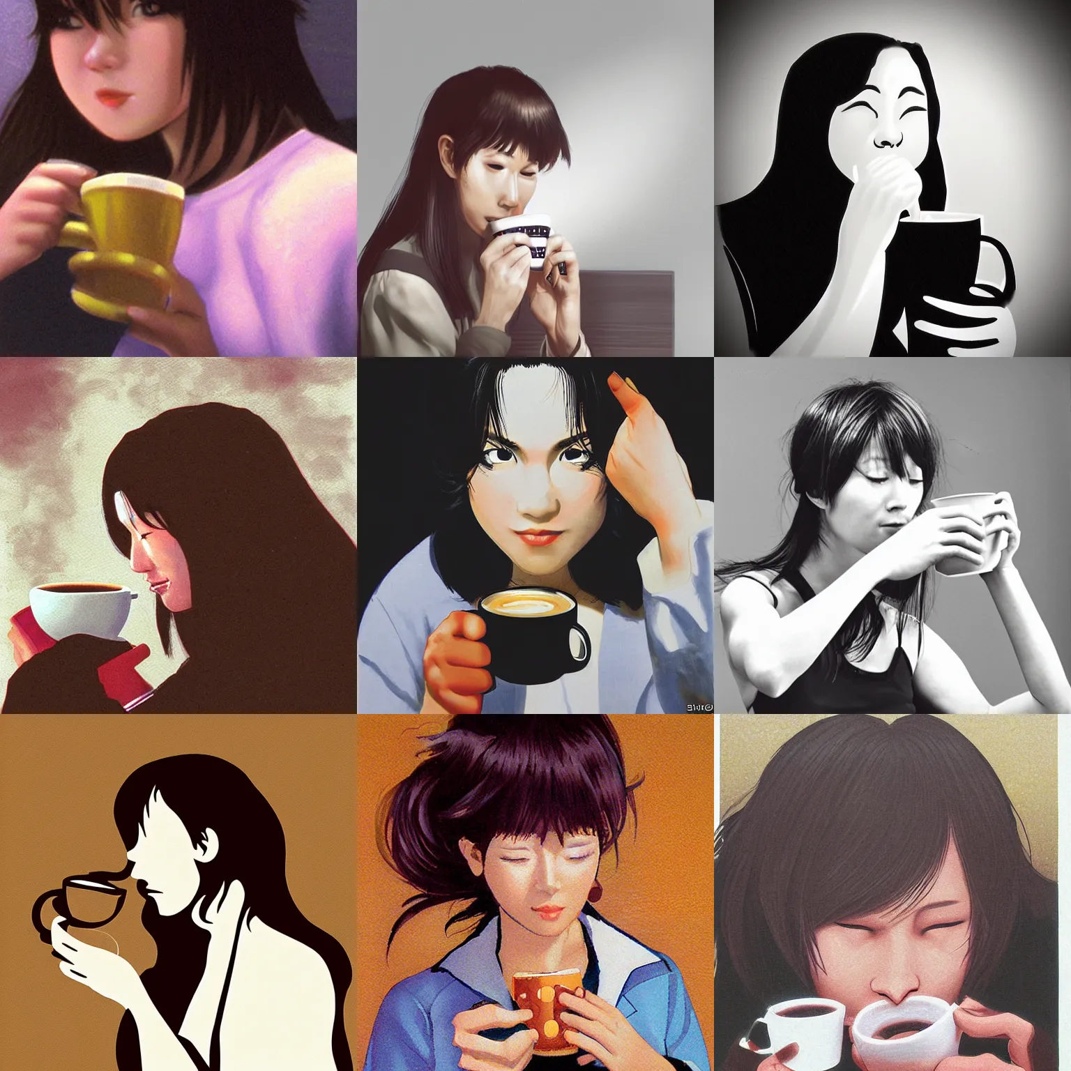 Prompt: woman drinking coffee, by shinkiro