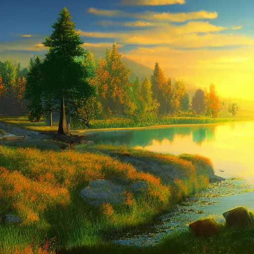 Image similar to a masterpiece detailed beautiful landscape of russian village, trees, lake, mountains, golden hour, sunset, by Makoto Shinkai