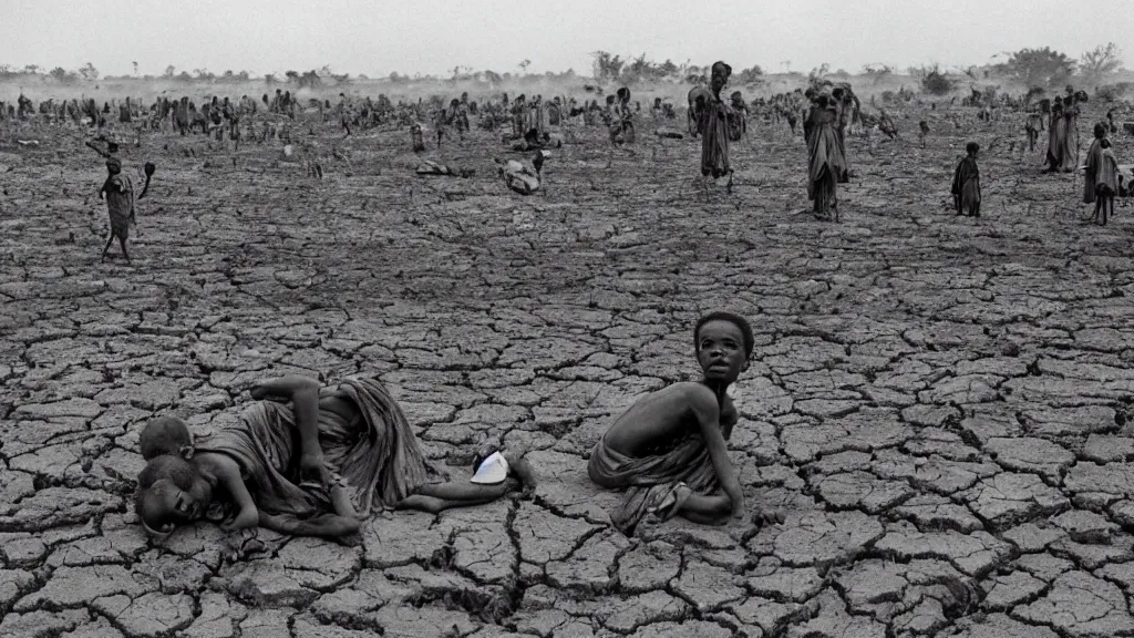 Image similar to 1 9 8 4 famine and drought in ethiopia, new york times, wide - angle, dark, moody, 8 k