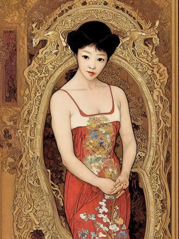 Prompt: an art nouveau painting of a pretty young zhang ziyi, dressed in a traditional, modest chinese intricately embroidered silk gown with a high collar, in front of a carved screen showing a tiger and a dragon, intricate, detailed, smooth, complex, elaborate, by alphonse mucha and james gurney and john william waterhouse