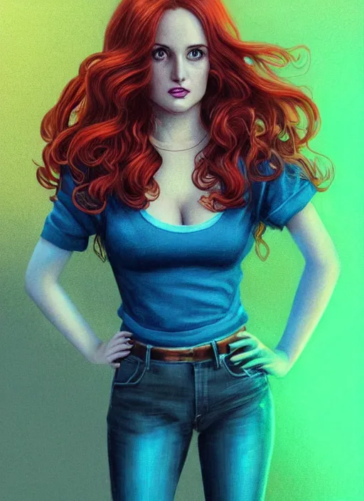 Image similar to full body portrait of teenage cheryl blossom, bangs, green eyes, mischievous expression, red hair, sultry smirk, bangs and wavy hair, 1 9 8 0 s, intricate, elegant, glowing lights, highly detailed, digital painting, artstation, concept art, smooth, sharp focus, illustration, art by wlop, mars ravelo and greg rutkowski