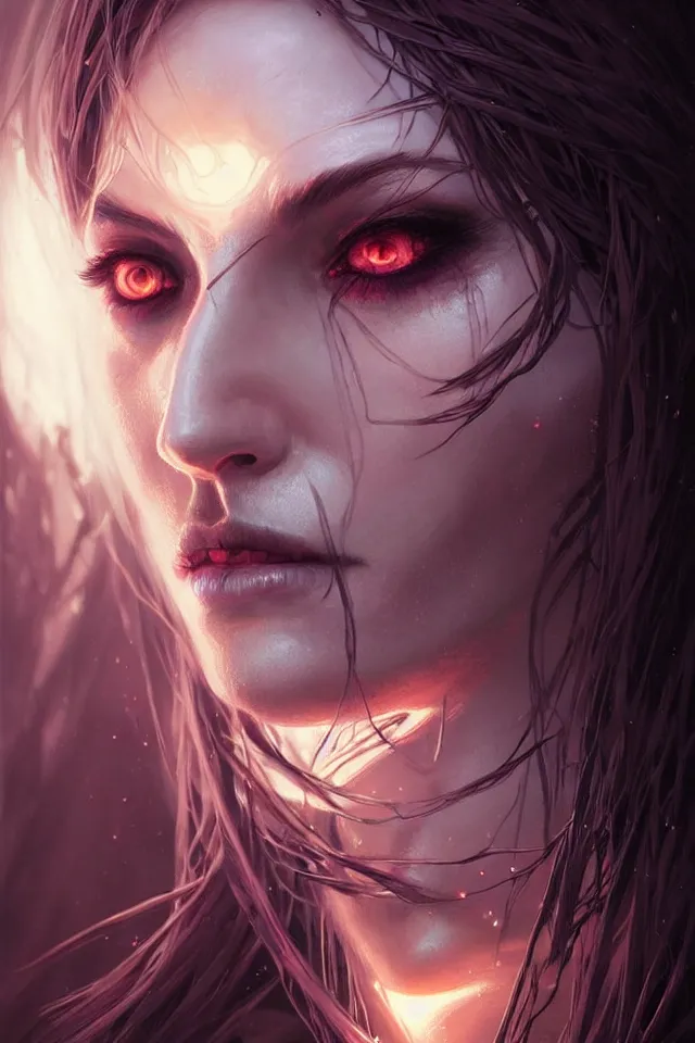 Image similar to Necromancer Sorceress face close-up macro in center, fantasy magic, undercut hairstyle, dark light night, intricate, elegant, sharp focus, illustration, highly detailed, digital painting, concept art, matte, art by WLOP and Artgerm and Greg Rutkowski and Alphonse Mucha, masterpiece