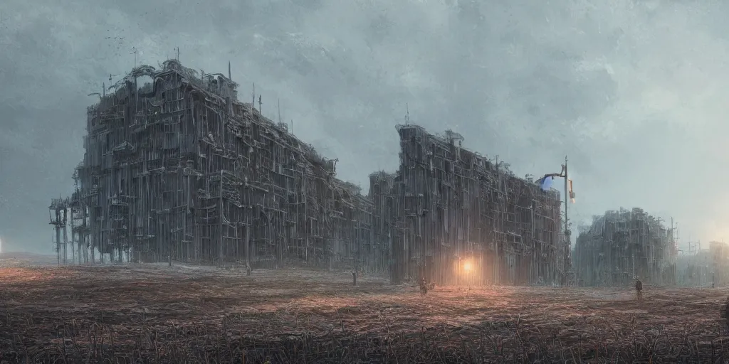 Prompt: hampton inn hotel exterior in the middle of a desolate field by jorge jacinto, death stranding art style, intricate, high detail, digital painting, ultra realistic, cinematic lighting, wide angle cinematography, artstation, 3 5 mm film grain