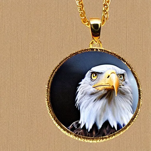 Prompt: a bald eagle, wearing a gold chain with a diamond pendant