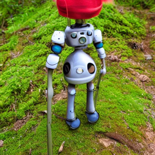 Prompt: trekking cute little robot with grass hair, tomato hat and one walking stick, made in abyss art style, standing on a forest