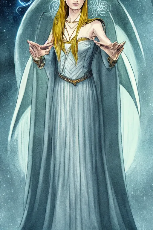 Prompt: tarot illustration of galadriel as the empress by artstation