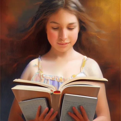 Prompt: a girl reading a book by Mark Keathley in the style of 2022 ai art