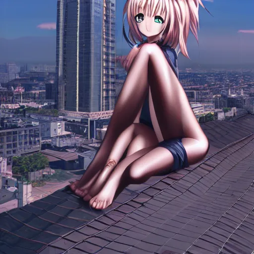 Image similar to giant 50 foot tall anime girl sitting on a building by wlop