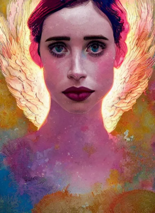 Image similar to a close up gouache painting portrait of emma roberts krysten ritter as the angel of the apocalypse in the style of horizon zero dawn, by victo ngai, by odilon redon, by delphin enjolras, by hikari shimoda,.