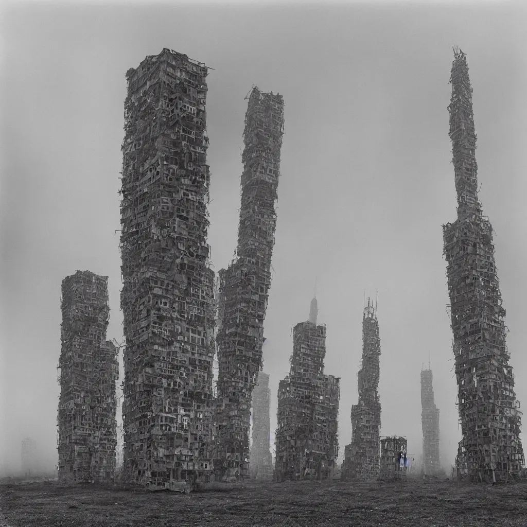 Prompt: two giant towers, made up of makeshift squatter shacks, misty, dystopia, mamiya rb 6 7, fully frontal view, very detailed, photographed by tarkovsky