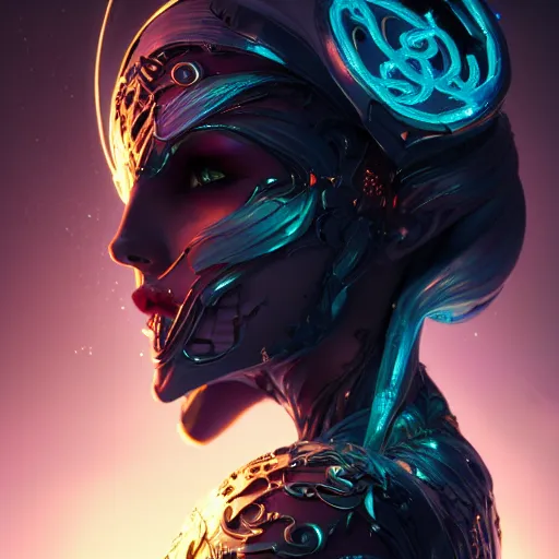 Image similar to queen of death. intricate portrait, intricate biomechanical, bioluminescent halo around head. by Petros Afshar, by artgerm, by Eddie Mendoza, by Peter mohrbacher, by tooth wu, unreal engine, octane render, cinematic light, high details, iridescent colors