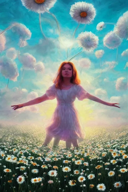 Image similar to giant white daisy flower as face, girl dancing in a flower field, surreal photography, sunrise, dramatic light, impressionist painting, colorful clouds, digital painting, artstation, simon stalenhag
