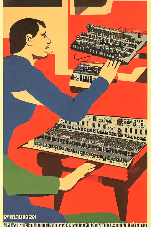 Image similar to soviet propaganda poster of a modular sound synthesizer