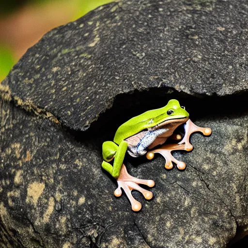 Prompt: closeup of a frog sitting on a stone in a forest, wildlife photography