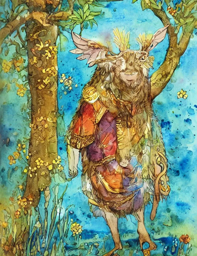 Prompt: animal god of spring rain. this watercolor and goldleaf work by the beloved children's book illustrator has interesting color contrasts, plenty of details and impeccable lighting.