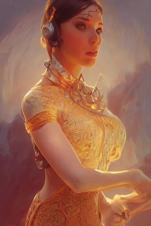 Image similar to portrait of tinfoil hat man in orange t - shirt behind his wife, feelings, romantic, fantasy, intricate, elegant, highly detailed, digital painting, artstation, concept art, smooth, sharp focus, illustration, art by artgerm and greg rutkowski and alphonse mucha