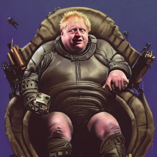 Image similar to boris johnson as baron harkonnen wearing a leather spacesuit and sitting on a throne flanked by dark priestesses, by normal rockwell and greg staples and craig mullins, science fiction character concept art, artstation - H 832