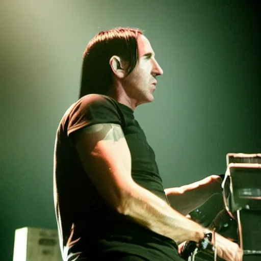 Prompt: Trent Reznor playing NIN concert in a cyberpunk era