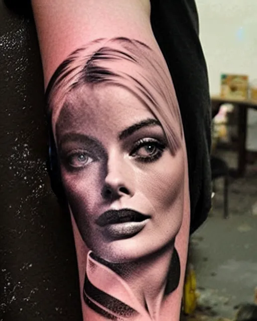 Image similar to creative double exposure effect tattoo design sketch of margot robbie face faded in beautiful mountain scenery, realism tattoo, in the style of matteo pasqualin, amazing detail, sharp