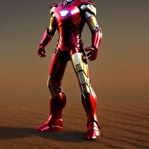 Image similar to iron man in the desert, metallic, photorealistic, shiny, sandy, sand everywhere, metal, rustic iron and copper, sand dunes, marvel