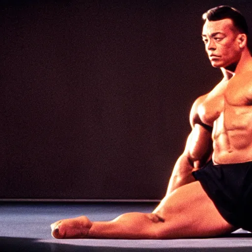 Image similar to cinematic still, young Jean Claude Vandamme doing the splits, dramatic lighting ,award winning,