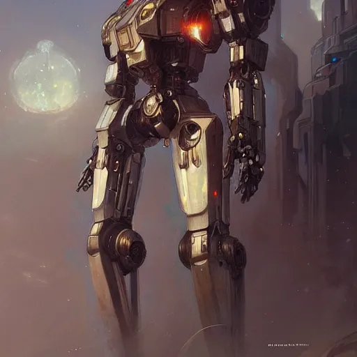 Image similar to a full length portrait of a giant autonomous polished steel battle mecha, a moody sci - fi painting art by artgerm and greg rutkowski and alphonse mucha, trending on artstation, smooth arstation, detailed, highly detailed matte painting, cinematic