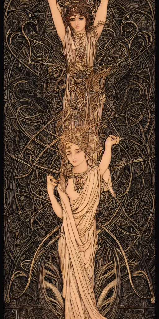 Image similar to goddess, masterpiece , cinematic, powerful, moon beams dramatic light, highly, intricate elements, hollow souls, detailed, digital painting, artstation, concept art, sharp focus, illustration, dynamic art by Raphael Kirchner and Margaret Macdonald Mackintosh and Mitch Foust, john waterhouse