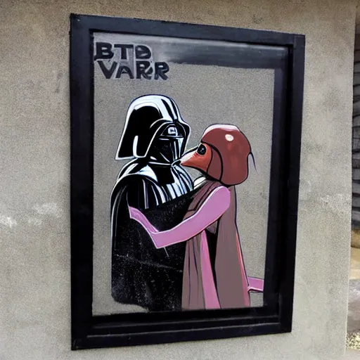 Image similar to banky street - art of darth vader kissing jar jar binks