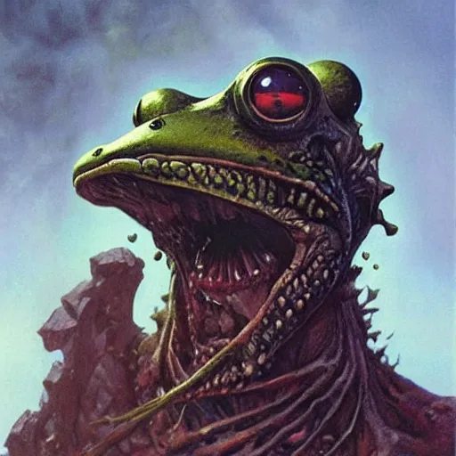 Image similar to head and shoulders portrait of a slaad anthropomorphic frog monster, d & d, fantasy, greg rutkowski, frank frazetta, alexandre chaudret, boris vallejo, michael whelan, miro petrov, hr giger, magali villeneuve, donato giancola