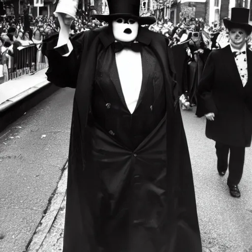 Image similar to The Babadook in black coat and top hat at a pride parade, photograph