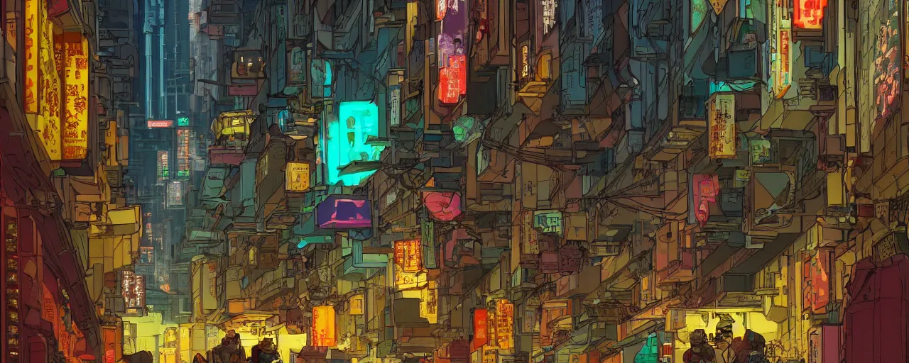 Image similar to a cyberpunk hong kong alley with robots and humans walking around by moebius, pixar color palette, clear details, ground level