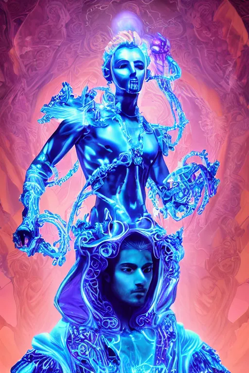 Image similar to photo of full-body rococo and cyberpunk delicate neon crystalline sculpture of ((handsome muscular onyx prince Zayn Malik)) as an blue iridescent humanoid deity wearing ((peach plastic hooded cloak)) (holding an onyx skull) in a onyx castle dungeon, reclining, glowing pink face, crown of (pink lasers), large blue diamonds, swirling black silk fabric. futuristic elements. oozing glowing liquid, full-length view. space robots. intricate artwork by caravaggio. Trending on artstation, octane render, cinematic lighting from the right, hyper realism, photorealistic, octane render, 8k, depth of field, 3D